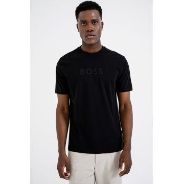 Tricou cu imprimeu logo si decolteu la baza gatului - Negru stins