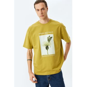 Tricou cu imprimeu poza - Alb/Verde masliniu/Galben mustar