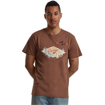 Tricou cu imprimeu si decolteu la baza gatului - Maro inchis/Albastru prafuit/Portocaliu stins