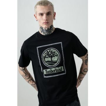 Tricou cu logo si decolteu la baza gatului - Negru/Verde pal