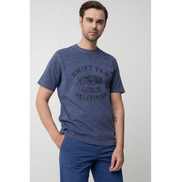 Tricou de bumbac cu imprimeu grafic si text - Albastru inchis/Negru stins