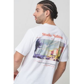 Tricou de bumbac cu imprimeu pe partea din spate - Alb/Verde pal