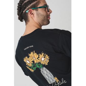 Tricou de bumbac cu model grafic pe partea din spate - Negru/Maro deschis