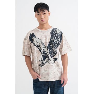 Tricou din bumbac cu imprimeu grafic - Albastru ultramarin/Verde pal/Maro nisip