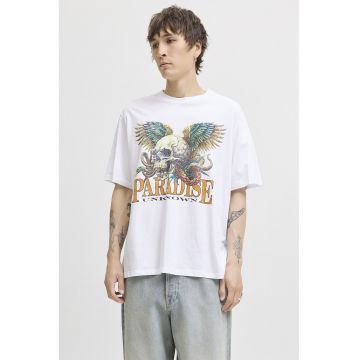 Tricou lejer de bumbac cu imprimeu grafic si text - Maro deschis/Albastru pal/Alb optic