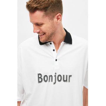 Tricou polo supradimensionat cu imprimeu text - Alb/Negru
