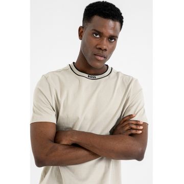 Tricou uni de bumbac cu decolteu la baza gatului - Bej/Negru