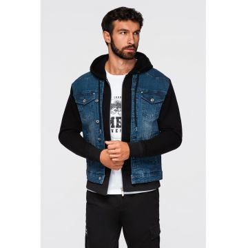 Jacheta din denim cu gluga - Negru/Albastru petrol