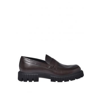 Pantofi loafer din piele cu varf rotund - Maro inchis