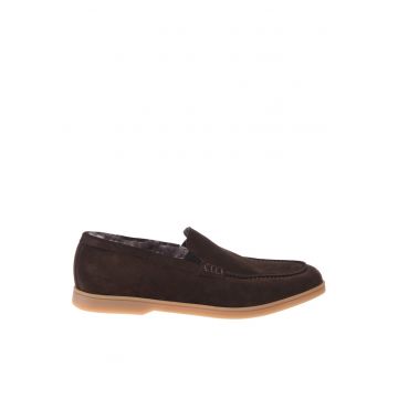 Pantofi loafer din piele intoarsa cu model uni - Maro