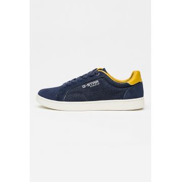 Pantofi sport low-cut din denim cu piele intoarsa - Galben miere/Bleumarin