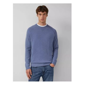 Pulover barbati cu decolteu la baza gatului - din lana - Albastru prafuit - Albastru inchis