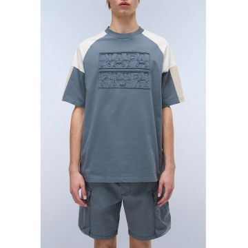 Tricou cu decolteu la baza gatului si imprimeu - Albastru prafuit/Crem