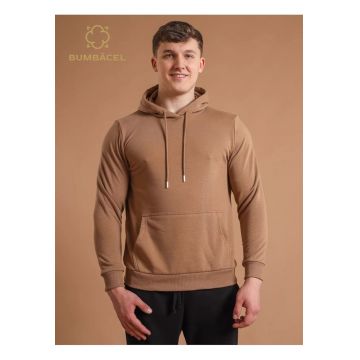 Hanorac barbat uniton fara fermoar cu gluga din bumbac - Maro