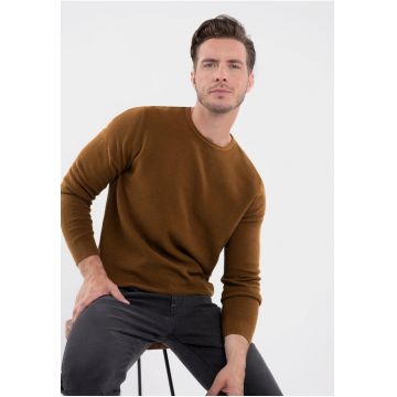 Pulover de bumbac cu decolteu la baza gatului -  Maro - Maro