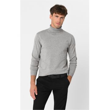 Pulover tricotat fin cu guler inalt -  S-Max - Bej melange - Gri melange