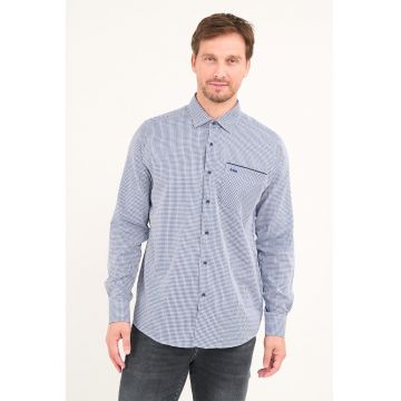 Camasa cu buzunar pe piept si model in carouri - Alb optic/Bleumarin