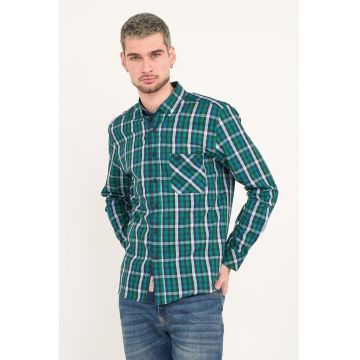 Camasa in carouri cu buzunar pe piept - Alb/Verde/Bleumarin