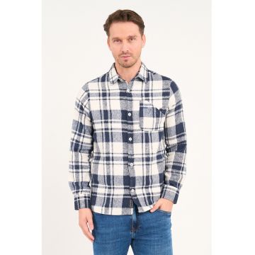 Camasa in carouri cu maneci lungi - Alb murdar/Bleumarin