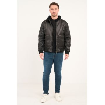 Jacheta de piele ecologica cu buzunare frontale - Negru