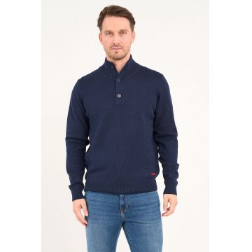 Pulover de bumbac si lana cu fenta cu nasturi - Bleumarin