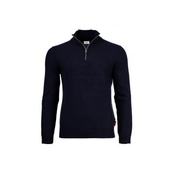 Pulover din amestec de lana cu fenta cu fermoar - Albastru inchis