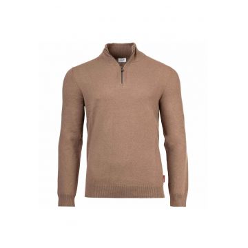 Pulover din amestec de lana cu fenta cu fermoar - Bej