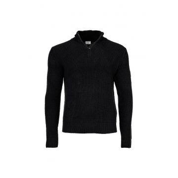 Pulover din bumbac cu fenta cu fermoar - Negru