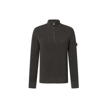 Pulover din bumbac cu fenta cu fermoar - Verde inchis