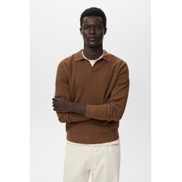 Pulover polo striat din amestec de bumbac - Maro