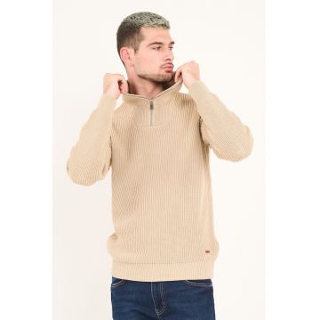 Pulover striat cu fenta cu fermoar - Bej deschis