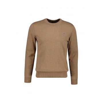 Pulover tricotat fin cu decolteu la baza gatului - Bej inchis