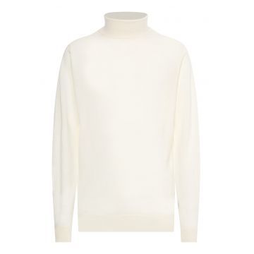 Pulover tricotat fin din lana merinos cu guler inalt - Alb murdar