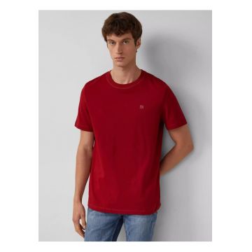 Tricou din jerseu gros - barbati - cu guler rotund si logo - Rosu inchis