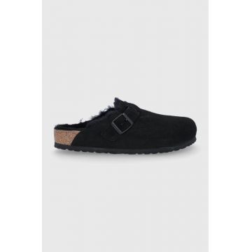 Birkenstock Papuci din piele întoarsă Boston VL/Fell culoarea negru