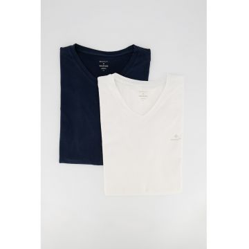 Tricou de casa cu decolteu in V si detaliu logo pe piept - 2 piese - Alb/Albastru inchis/Bleumarin