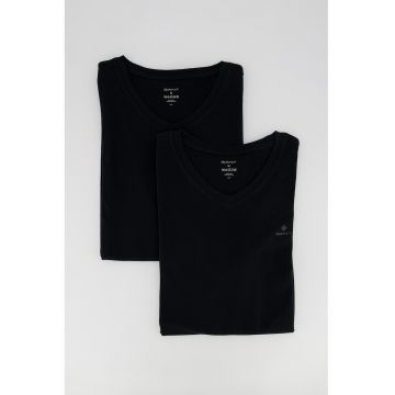 Tricou de casa cu decolteu in V si detaliu logo pe piept - 2 piese - Alb/Negru