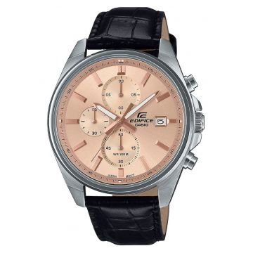 Ceas barbati  Edifice EFV-610EL-5AUEF - quartz - negru - 44mm - rezistent la apa 100m - curea din piele naturala - cadran aur roz