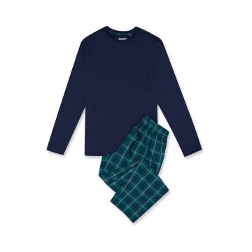 Pijama barbati  set bluza maneca lunga albastru marin si pantaloni lungi carouri - bumbac -