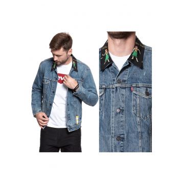 Jacheta Barbati -  Trucker Jeans - Regular Fit - Denim Design - Fara Gluga - Cu Nasturi - Bumbac - 2XL INTL - Albastru