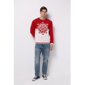 Pulover de bumbac cu model colorblock - Rosu - Alb -