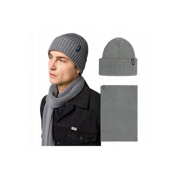 Set Caciula Si Esarfa Barbati -  Scarf Beanie Set - Regular Fit - Caldura Si Confortabila - Design Clasic - Cu Logo - Bumbac - One Size - Gri