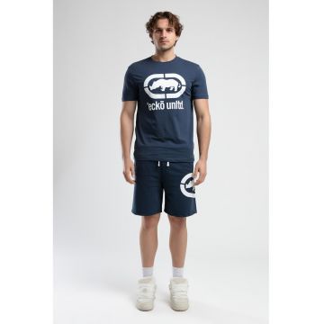 Tricou cu decolteu la baza gatului si imprimeu logo Marc - Alb optic/Bleumarin