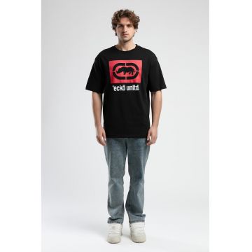 Tricou cu decolteu la baza gatului si imprimeu logo Marc - Rosu/Negru/Alb murdar