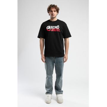 Tricou cu decolteu la baza gatului si imprimeu logo - Rosu/Negru/Alb optic