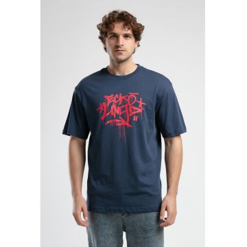 Tricou cu imprimeu logo si maneci cazute - Rosu/Bleumarin