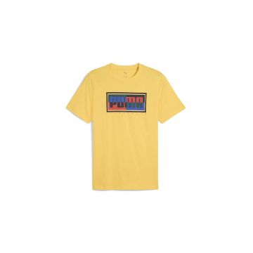 Tricou din amestec de bumbac cu decolteu la baza gatului - Negru/Galben sofran/Albastru