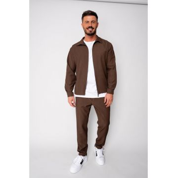 Set Jacheta cu fermoar si pantalon lung drept Premium Edition Brown 19958 - Maro