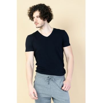 Tricou barbati - slim fit cu decolteu in V -  Negru