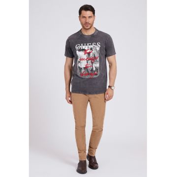 Tricou cu decolteu la baza gatului si imprimeu logo - Rosu/Alb/Gri